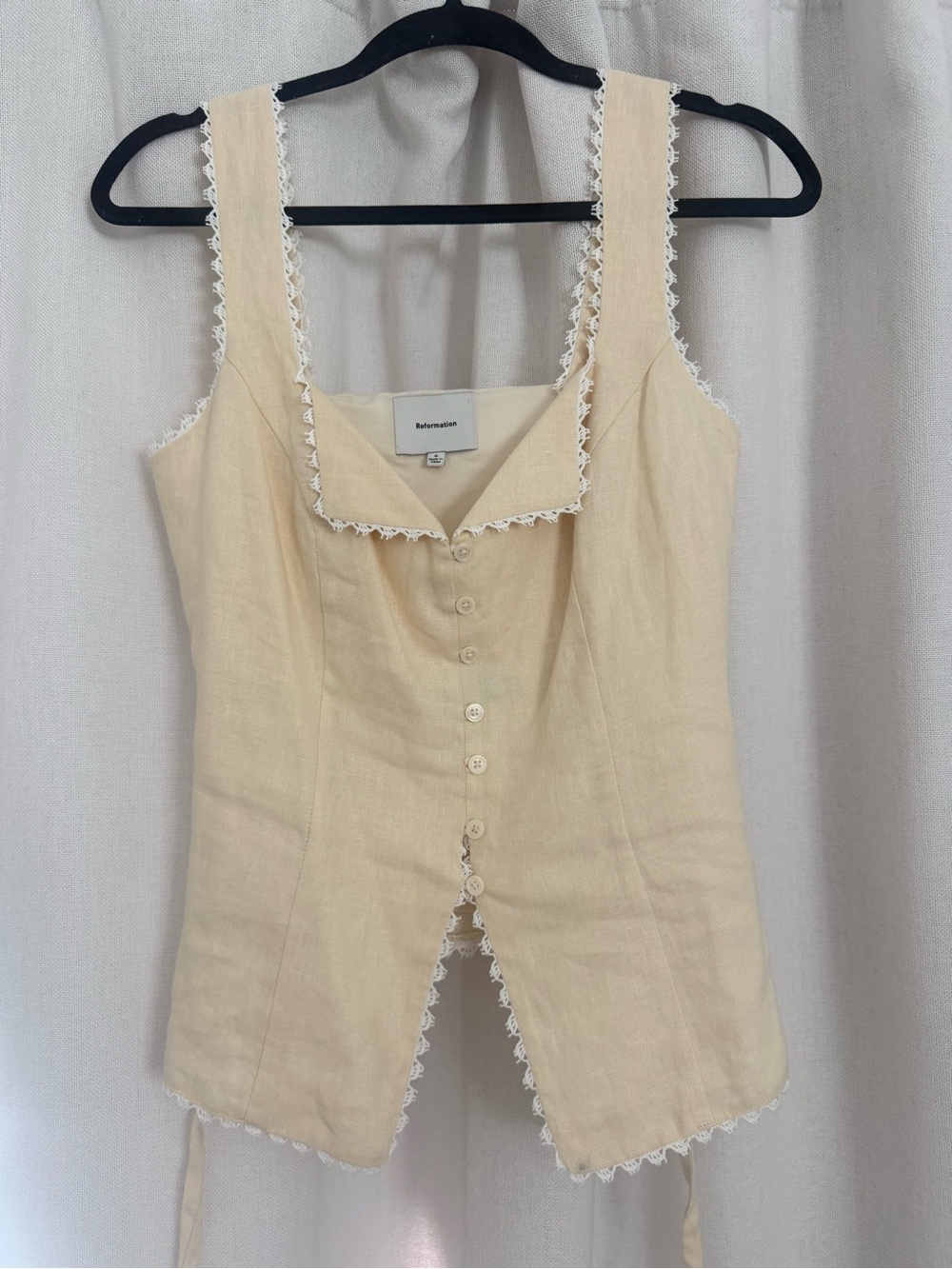 Reformation Cream Linen Button Front Tank with Lace Trim